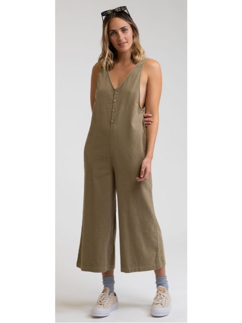 RHYTHM Sleeveless Button-Front Jumpsuit in Olive Green